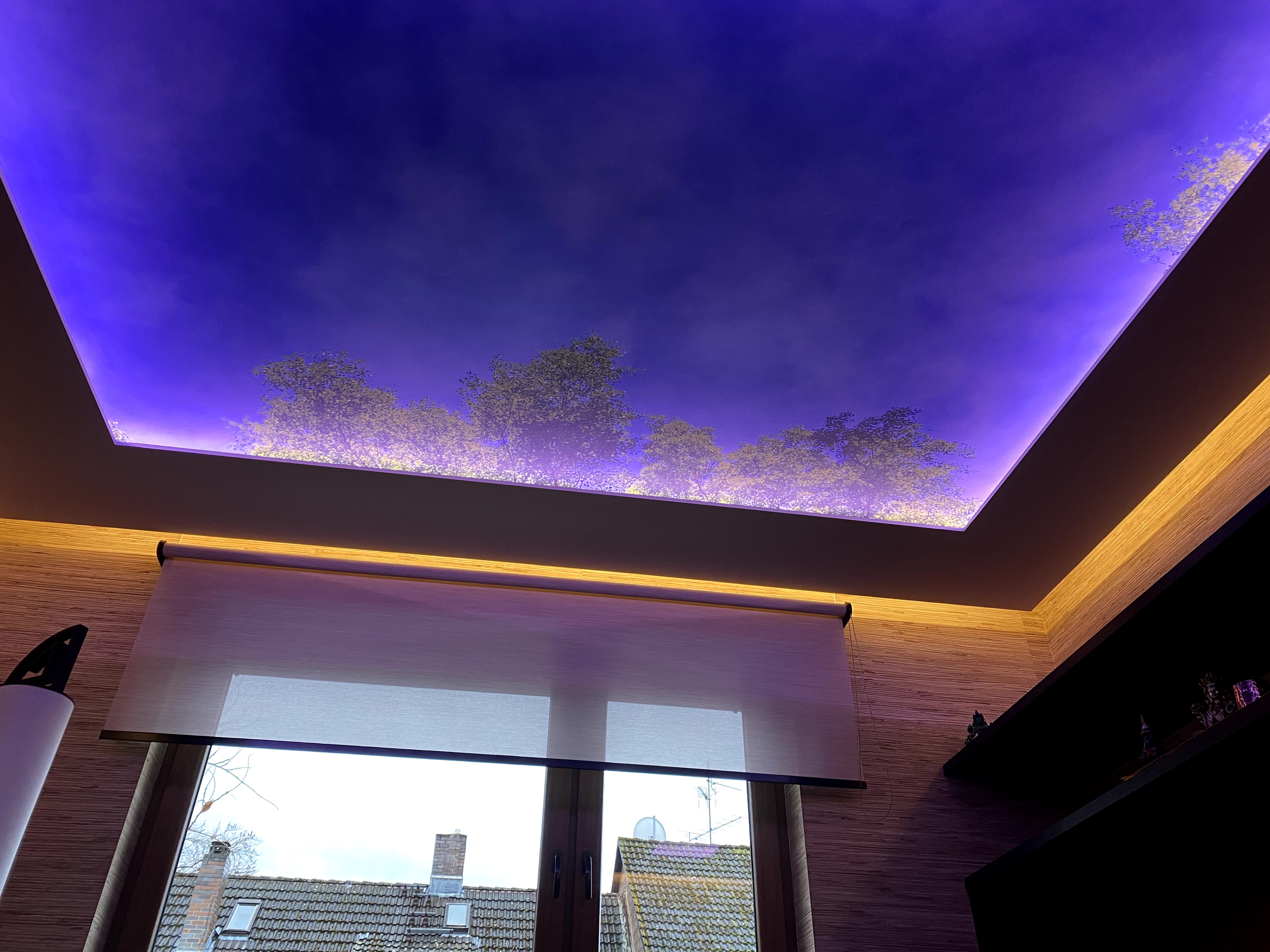 Beleuchtetes Deckensegel mit Leds und Fototapete